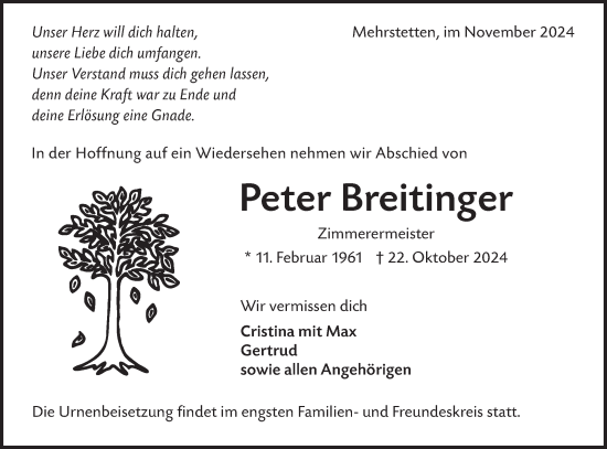 Traueranzeige von Peter Breitinger von Alb-Bote/Metzinger-Uracher Volksblatt