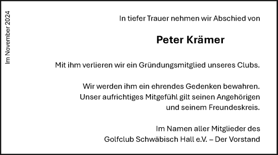 Traueranzeige von Peter Krämer von Haller Tagblatt