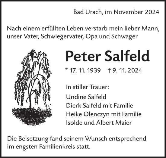 Traueranzeige von Peter Salfeld von Alb-Bote/Metzinger-Uracher Volksblatt