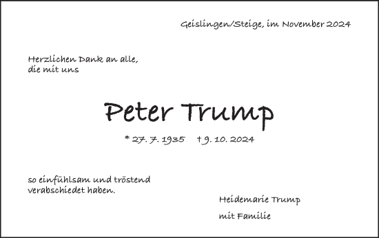 Traueranzeige von Peter Trump von Geislinger Zeitung