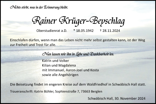 Traueranzeige von Rainer Krüger-Beyschlag von Haller Tagblatt