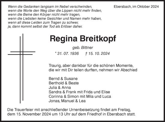 Traueranzeige von Regina Breitkopf von NWZ Neue Württembergische Zeitung