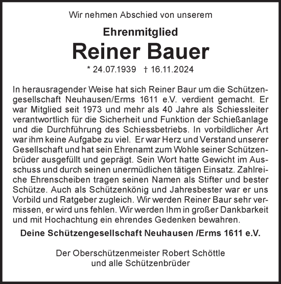 Traueranzeige von Reiner Bauer von Alb-Bote/Metzinger-Uracher Volksblatt