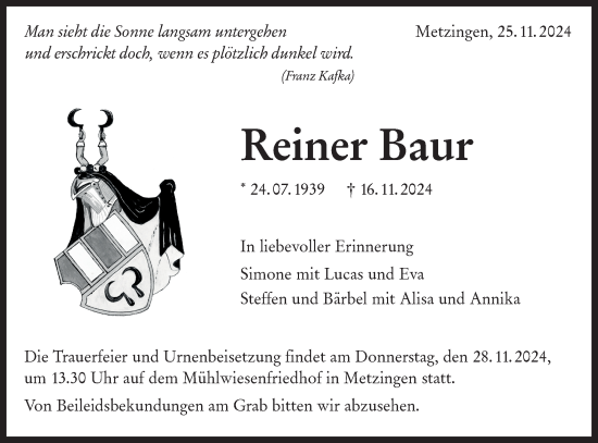 Traueranzeige von Reiner Baur von Alb-Bote/Metzinger-Uracher Volksblatt