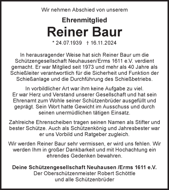 Traueranzeige von Reiner Baur von Alb-Bote/Metzinger-Uracher Volksblatt