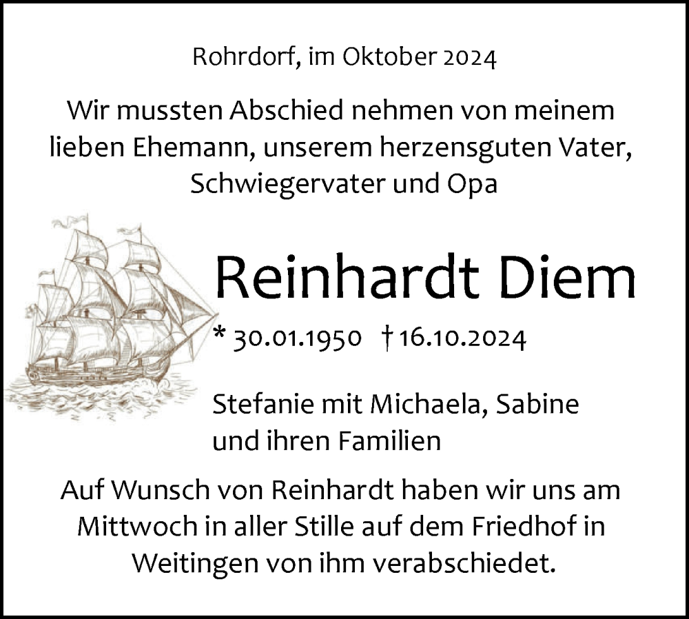  Traueranzeige für Reinhardt Diem vom 02.11.2024 aus Neckar-Chronik