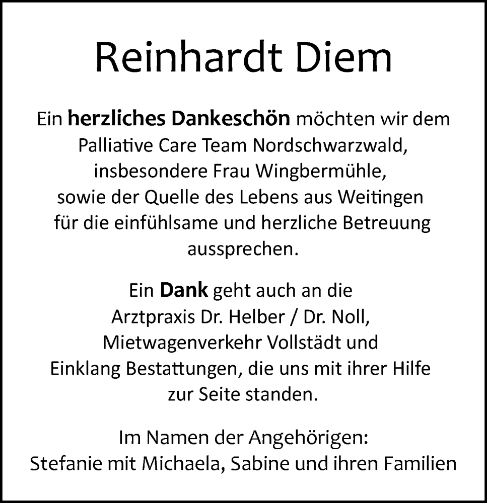  Traueranzeige für Reinhardt Diem vom 02.11.2024 aus Neckar-Chronik