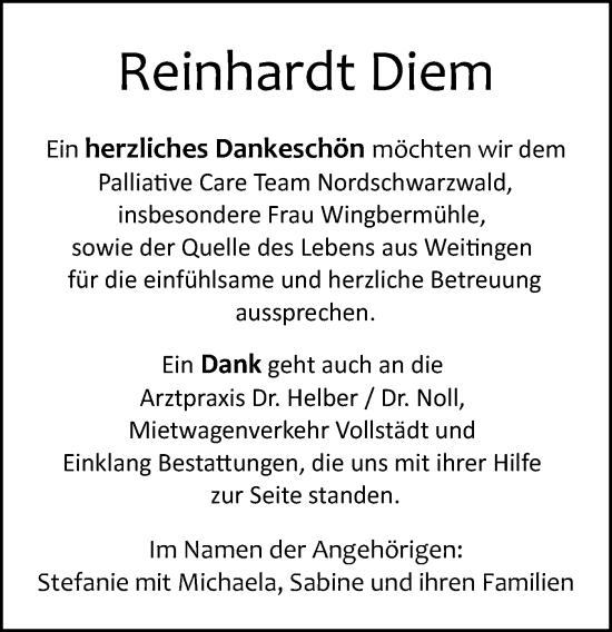 Traueranzeige von Reinhardt Diem von Neckar-Chronik