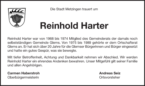 Traueranzeige von Reinhold Harter von Alb-Bote/Metzinger-Uracher Volksblatt