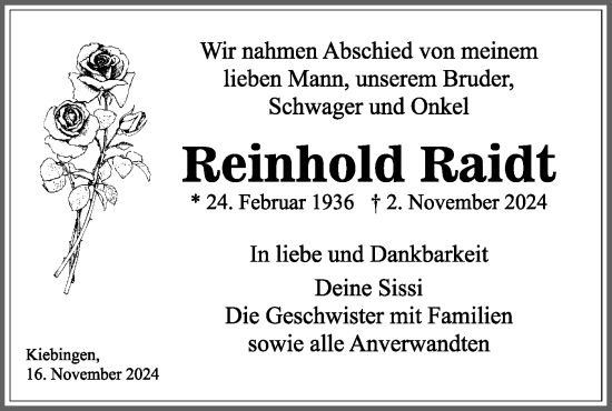 Traueranzeige von Reinhold Raidt von Schwäbische Tagblatt