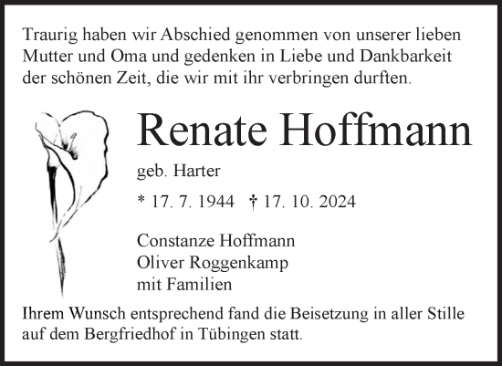 Traueranzeige von Renate Hoffmann von Schwäbische Tagblatt