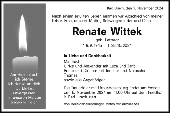 Traueranzeige von Renate Wittek von Alb-Bote/Metzinger-Uracher Volksblatt