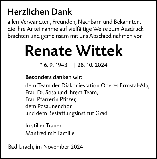 Traueranzeige von Renate Wittek von Alb-Bote/Metzinger-Uracher Volksblatt