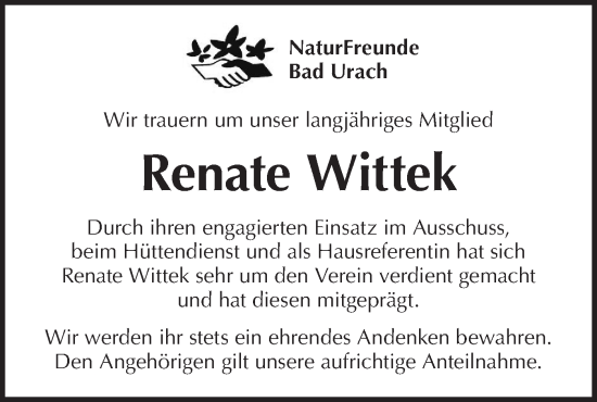 Traueranzeige von Renate Wittek von Alb-Bote/Metzinger-Uracher Volksblatt