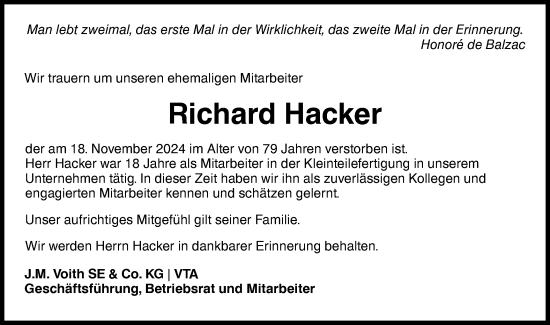 Traueranzeige von Richard Hacker von Hohenloher Tagblatt