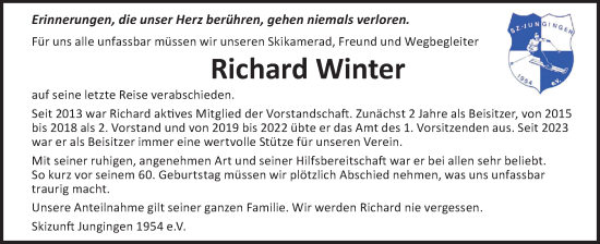 Traueranzeige von Richard Winter von SÜDWEST PRESSE Zollernalbkreis/Hohenzollerische Zeitung