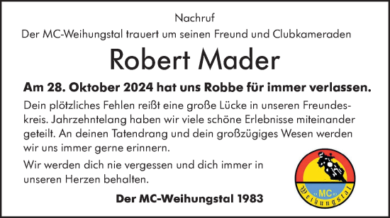 Traueranzeige von Robert Mader von SÜDWEST PRESSE Ausgabe Ulm/Neu-Ulm