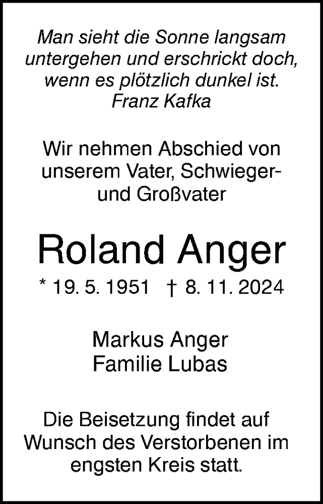  Traueranzeige für Roland Anger vom 16.11.2024 aus NWZ Neue Württembergische Zeitung