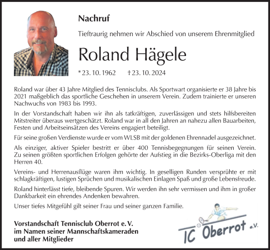 Traueranzeige von Roland Hägele von Rundschau Gaildorf