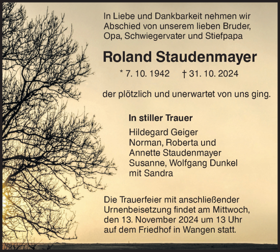 Traueranzeige von Roland Staudenmayer von NWZ Neue Württembergische Zeitung