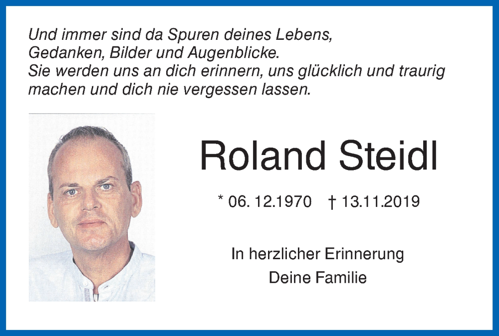  Traueranzeige für Roland Steidl vom 13.11.2024 aus SÜDWEST PRESSE Ausgabe Ulm/Neu-Ulm/Neu-Ulmer Zeitung