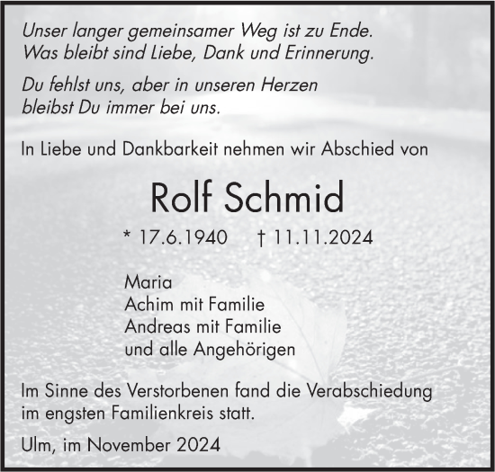 Traueranzeige von Rolf Schmid von SÜDWEST PRESSE Ausgabe Ulm/Neu-Ulm