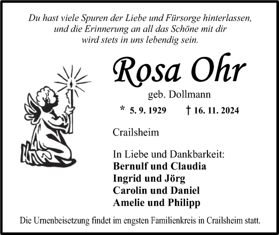 Traueranzeige von Rosa Ohr von Hohenloher Tagblatt