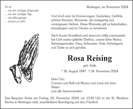 Traueranzeige von Rosa Reising von Neckar-Chronik