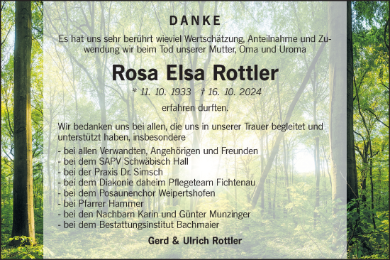 Traueranzeige von Rosa Elsa Rottler von Hohenloher Tagblatt