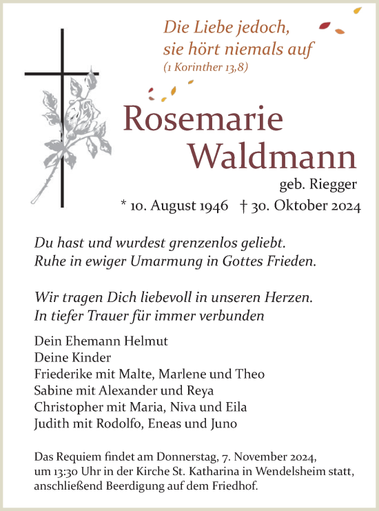 Traueranzeige von Rosemarie Waldmann von Schwäbische Tagblatt