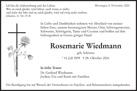 Traueranzeige von Rosemarie Wiedmann von Alb-Bote/Metzinger-Uracher Volksblatt