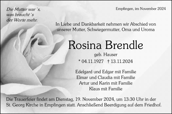 Traueranzeige von Rosina Brendle von Neckar-Chronik