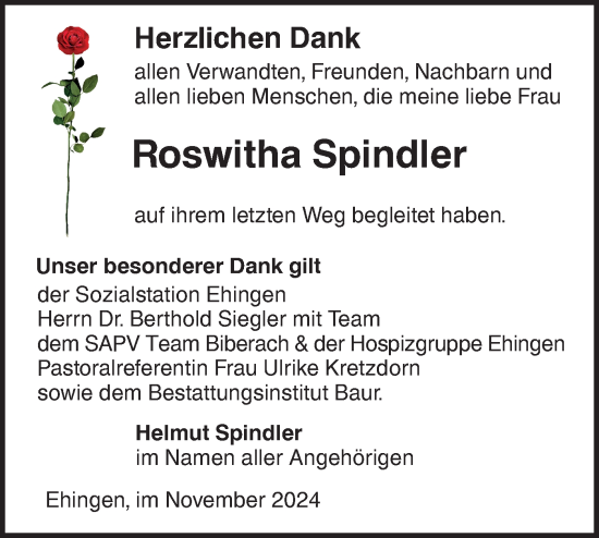 Traueranzeige von Roswitha Spindler von Ehinger Tagblatt