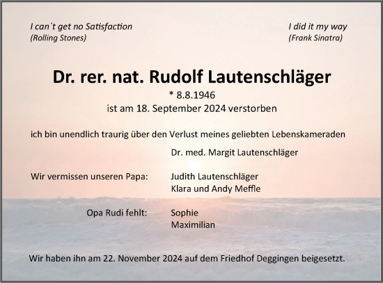 Traueranzeige von Rudolf Lautenschläger von SÜDWEST PRESSE Ausgabe Ulm/Neu-Ulm