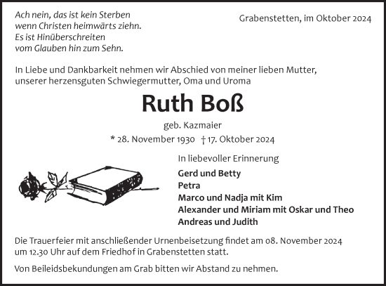 Traueranzeige von Ruth Boß von Alb-Bote/Metzinger-Uracher Volksblatt