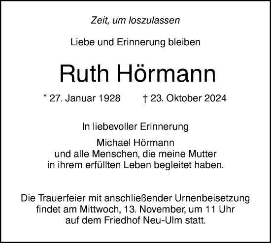 Traueranzeige von Ruth Hörmann von Neu-Ulmer Zeitung/SÜDWEST PRESSE Ausgabe Ulm/Neu-Ulm