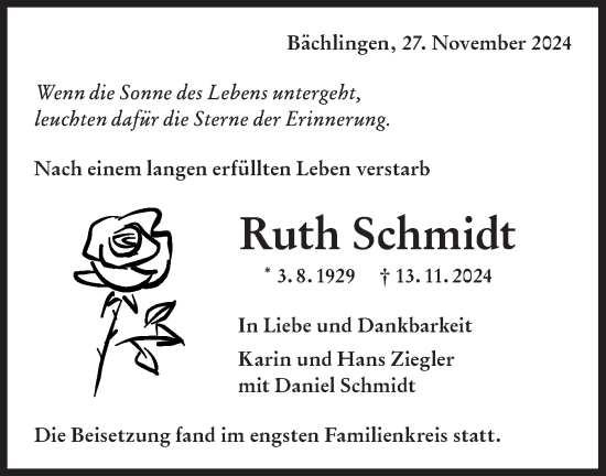 Traueranzeige von Ruth Schmidt von Hohenloher Tagblatt