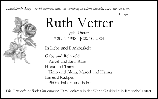 Traueranzeige von Ruth Vetter von Schwäbische Tagblatt