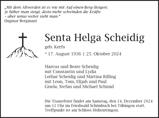 Traueranzeige von Senta Helga Scheidig von Schwäbische Tagblatt