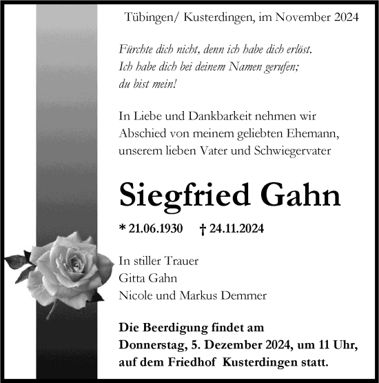 Traueranzeige von Siegfried Gahn von Schwäbische Tagblatt