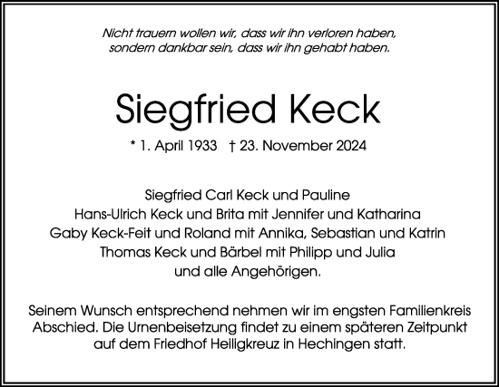 Traueranzeige von Siegfried Keck von SÜDWEST PRESSE Zollernalbkreis/Hohenzollerische Zeitung