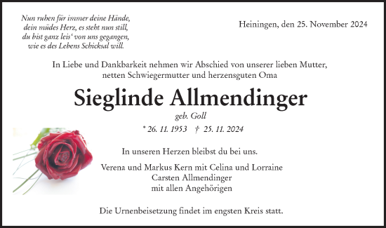 Traueranzeige von Sieglinde Allmendinger von NWZ Neue Württembergische Zeitung