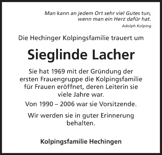 Traueranzeige von Sieglinde Lacher von SÜDWEST PRESSE Zollernalbkreis/Hohenzollerische Zeitung