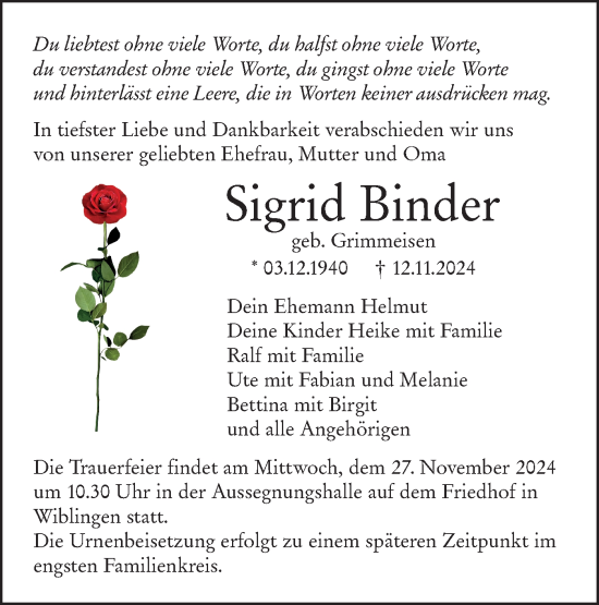 Traueranzeige von Sigrid Binder von SÜDWEST PRESSE Ausgabe Ulm/Neu-Ulm