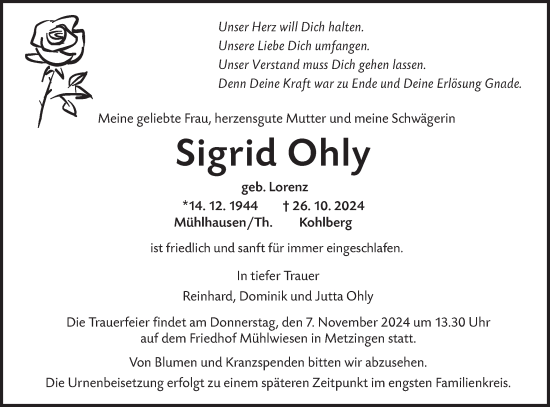 Traueranzeige von Sigrid Ohly von Alb-Bote/Metzinger-Uracher Volksblatt