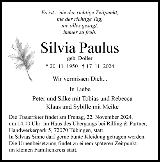 Traueranzeige von Silvia Paulus von Schwäbische Tagblatt