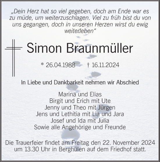 Traueranzeige von Simon Braunmüller von SÜDWEST PRESSE Ausgabe Ulm/Neu-Ulm