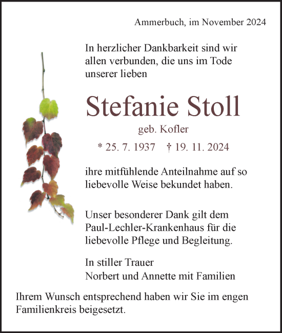 Traueranzeige von Stefanie Stoll von Schwäbische Tagblatt