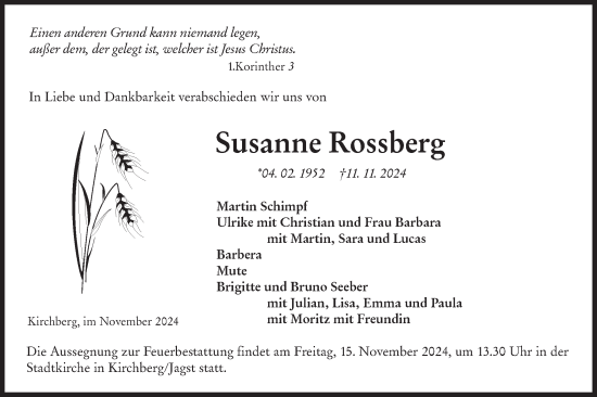 Traueranzeige von Susanne Rossberg von Hohenloher Tagblatt