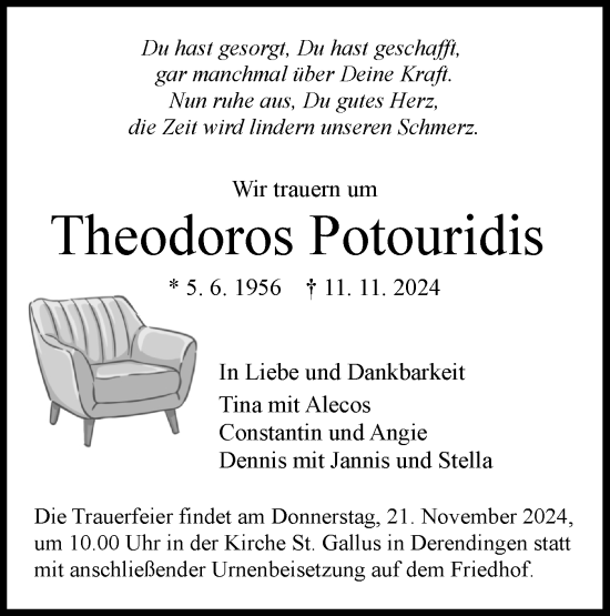 Traueranzeige von Theodoros Potouridis von Schwäbische Tagblatt